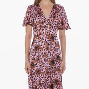 V-Neck Puff Sleeve Midi Dress Brown Floral Alexia Admor size 12